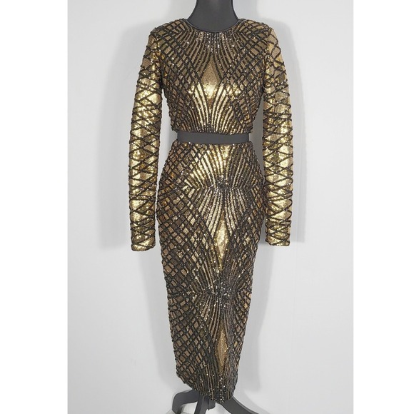 Marciano Gold Sequin Long Sleeve Crop Top & Midi Skirt Set Party Cocktail - Picture 3 of 9